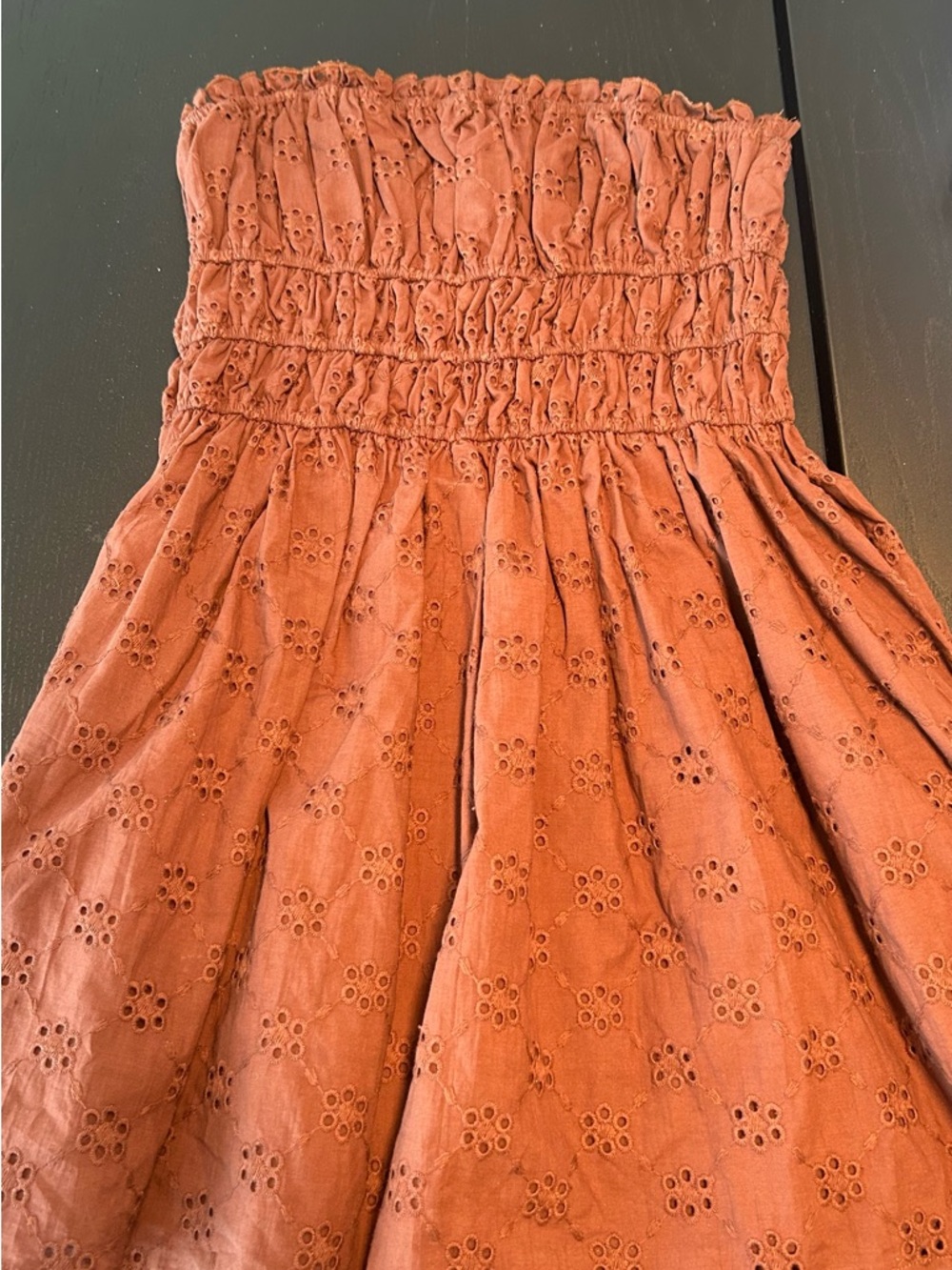 White Fox Boutique Strapless Eyelet Midi Dress in Terracotta